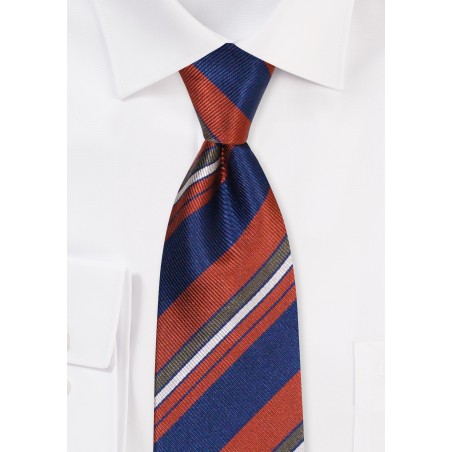Navy, Cinnamon, and Green Striped Repp Tie in Extra Length