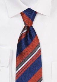 Navy, Cinnamon, and Green Striped Repp Tie in Extra Length