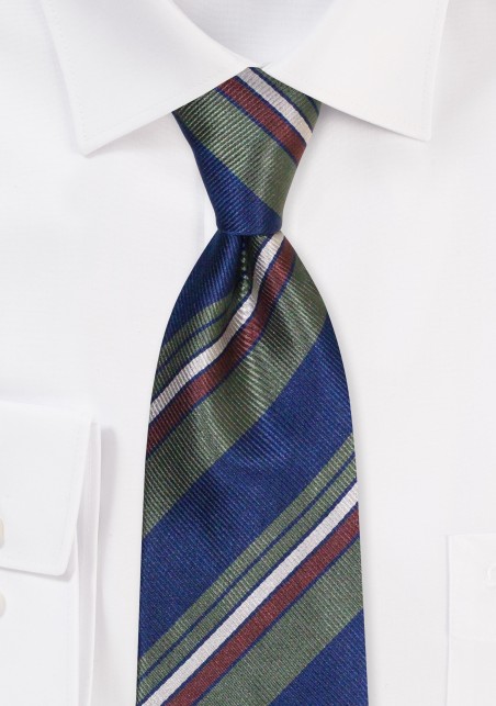 XL Navy Blue and Moss Striped Repp Tie in Pure Silk