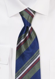 XL Navy Blue and Moss Striped Repp Tie in Pure Silk