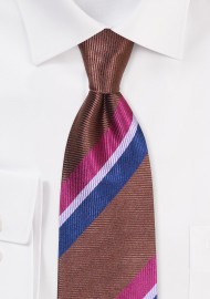 Chocolate Brown, Pink, and Navy Repp Striped Silk Tie