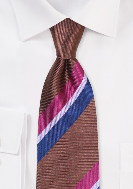 XL Striped Tie in Chocolate Brown, Pink, Navy, and Fuchsia