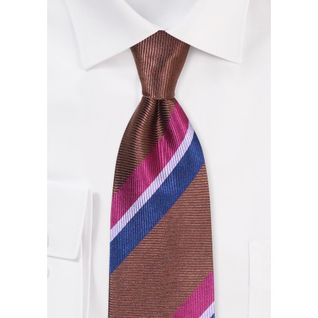 XL Striped Tie in Chocolate Brown, Pink, Navy, and Fuchsia