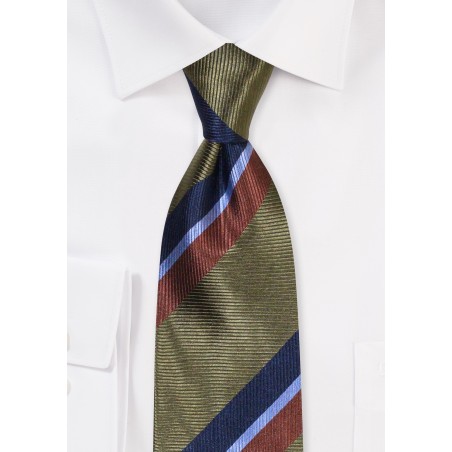 Olive, Brown, and Blue Repp Striped Silk Tie