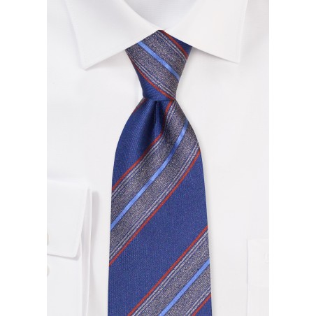 Indigo and Gray Striped Tie in XL  | Extra Long Silk Tie with Stripes