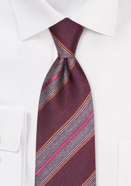 Modern Striped Silk Tie in Wine Red and Gray