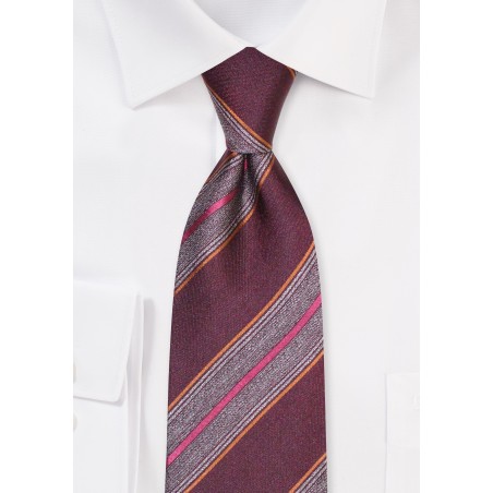 Modern Striped Silk Tie in Wine Red and Gray