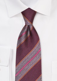 Wine Red and Gray Striped Tie in XL | XL Silk Tie with Stripes