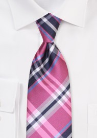XL Length Tartan Plaid Tie in Rose Pink and Navy