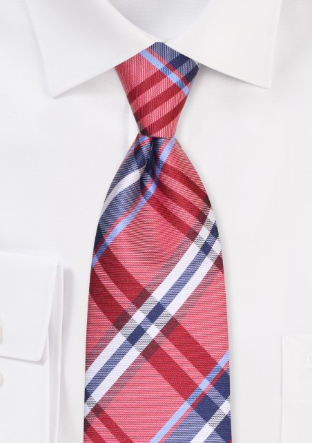 Cherry and Navy XL Tie | Tartan Plaid Mens Tie in Extra Long