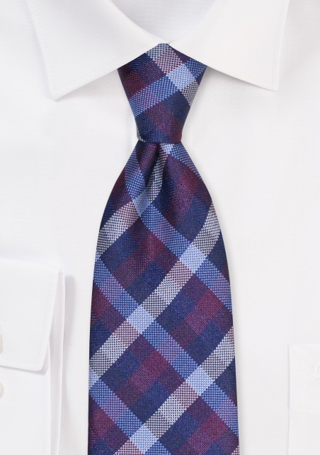 XL Length Gingham Tie in Wine and Navy | Extra Long Gingham Tie for Tall Men