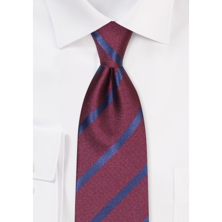 Matte Burgundy Red Tie with Shiny Navy Blue Stripes