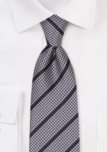 Houndstooth Check Tie with Stripes in Black and Silver