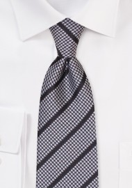 Houndstooth Check Tie with Stripes in Black and Silver