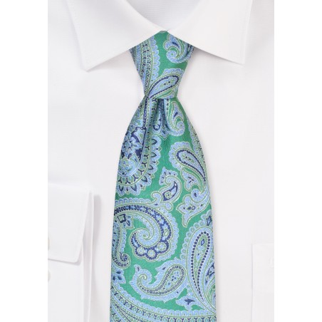 Kelly Green Tie with Large Paisleys in Light Blue