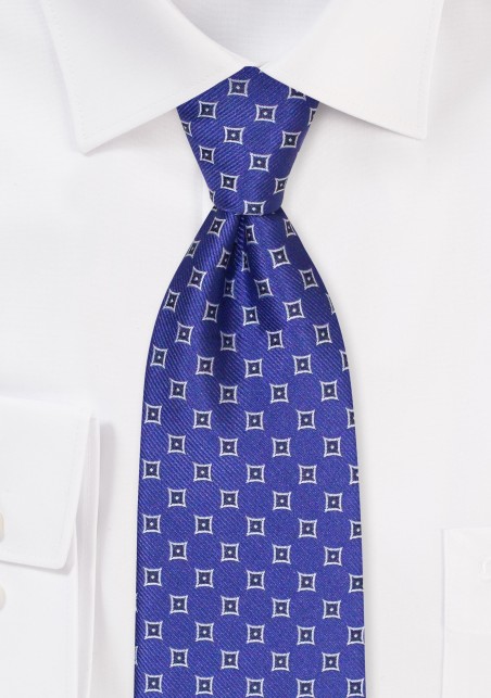 Royal Blue Tie with Woven Diamonds in Light Gray