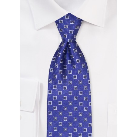 Royal Blue Tie with Woven Diamonds in Light Gray