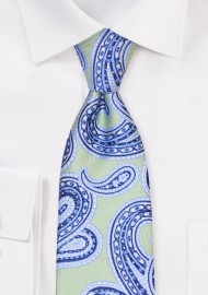 Soft Sage Green Tie with Large Paisley Design in Blues
