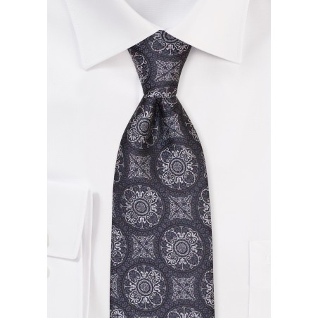 Bold Medallion Design Tie in Platinum, Silver, Grey