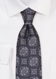 Bold Medallion Design Tie in Platinum, Silver, Grey