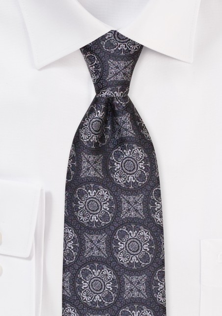 Extra Long Tie with Medallions | Gray and Platinum Tie in XL