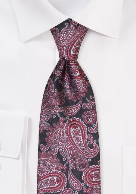Extra Long Paisley Tie in Deep Reds and Gray