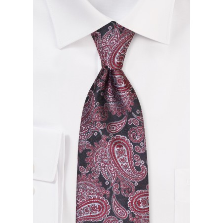 Extra Long Paisley Tie in Deep Reds and Gray