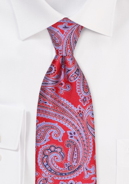 XL Paisley Tie in Crimson and Lilac | Mens Extra Long Tie with Red and Purple Paisley