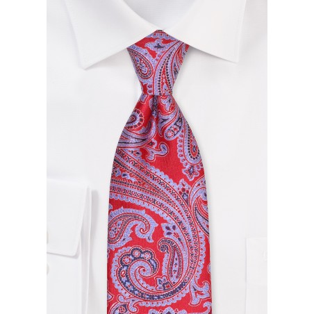 XL Paisley Tie in Crimson and Lilac | Mens Extra Long Tie with Red and Purple Paisley