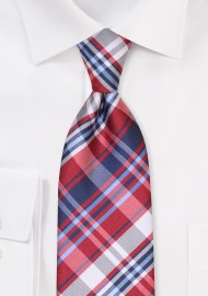 Classic Plaid Tie in Red, Blue, and Silver Gray