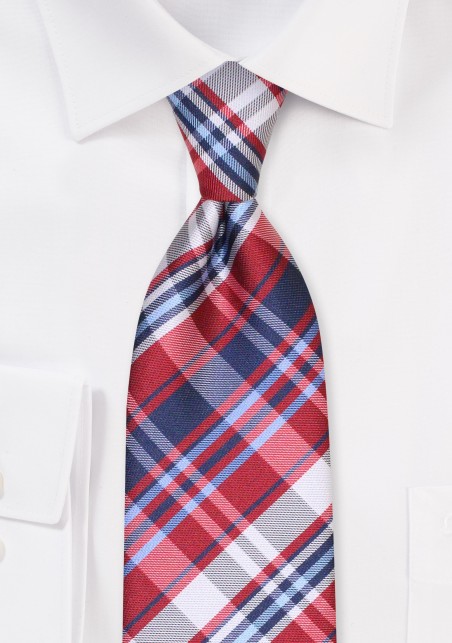 XL Plaid Necktie | Extra Long Plaid Tie in Blue, Red, Silver