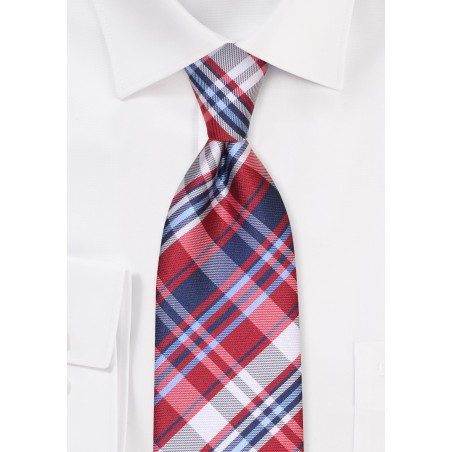 XL Plaid Necktie | Extra Long Plaid Tie in Blue, Red, Silver