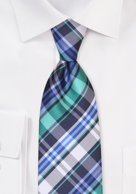 Tartan Plaid Tie in Navy, Turquoise, and Gray