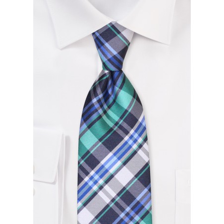 Tartan Plaid Tie in Navy, Turquoise, and Gray