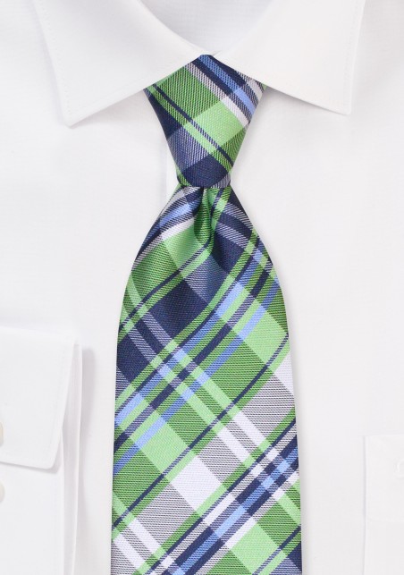 Lime, Navy, and Silver Gray Tartan Plaid Tie