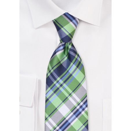 Extra Long Mens tie in Plaid | Navy, Lime, and Silver Tartan Tie in XL