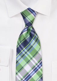 Extra Long Mens tie in Plaid | Navy, Lime, and Silver Tartan Tie in XL