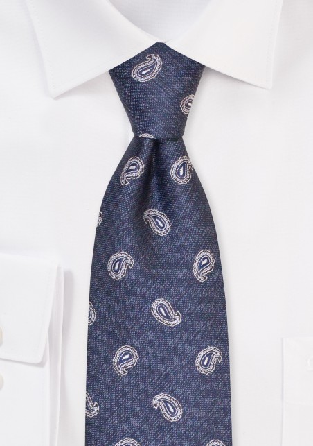 Denim Blue XL Paisley Tie | Extra Long Paisley Necktie in Dark Denim Blue and Gray