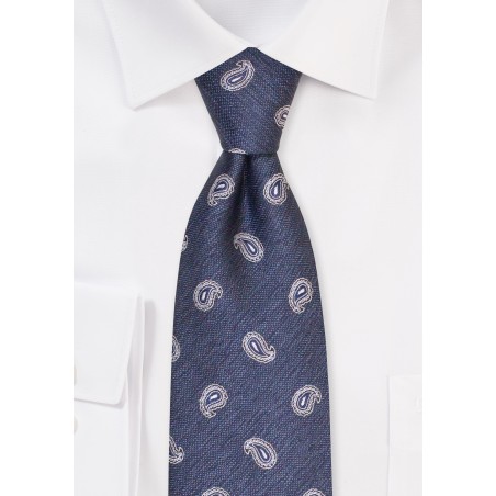 Denim Blue XL Paisley Tie | Extra Long Paisley Necktie in Dark Denim Blue and Gray