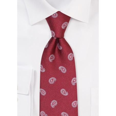 Wine Red Paisley Tie | Woven Paisley Necktie in Wine Red and Light Silver