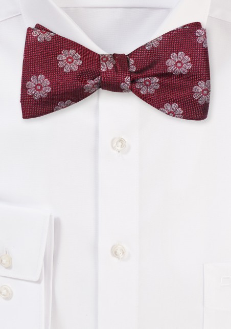 Self Tie Silk Bow Tie | Claret Red Silk Bow Tie in Self Tie Style with Flowers