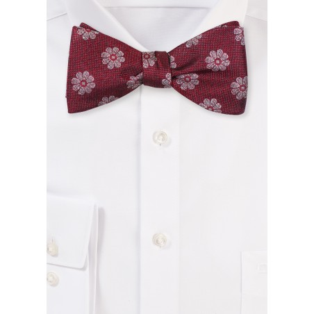 Self Tie Silk Bow Tie | Claret Red Silk Bow Tie in Self Tie Style with Flowers