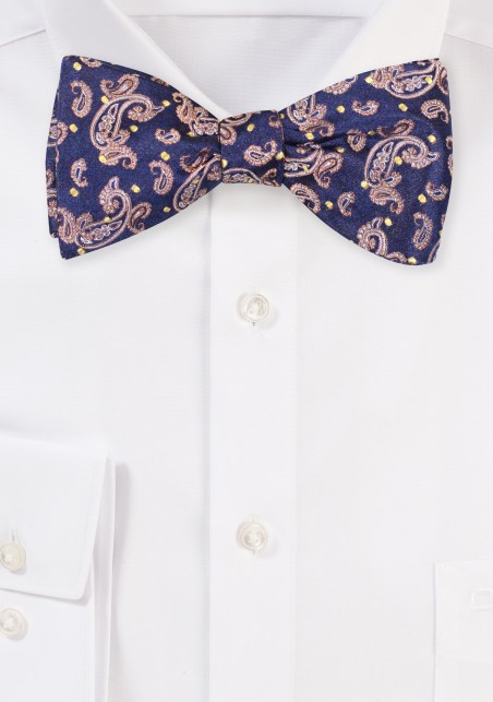 Self Tie Bow Tie in Silk | Paisley Silk Bowtie in Navy, Gold, Bronze