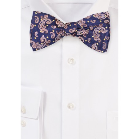 Self Tie Bow Tie in Silk | Paisley Silk Bowtie in Navy, Gold, Bronze