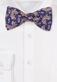 Self Tie Bow Tie in Silk | Paisley Silk Bowtie in Navy, Gold, Bronze