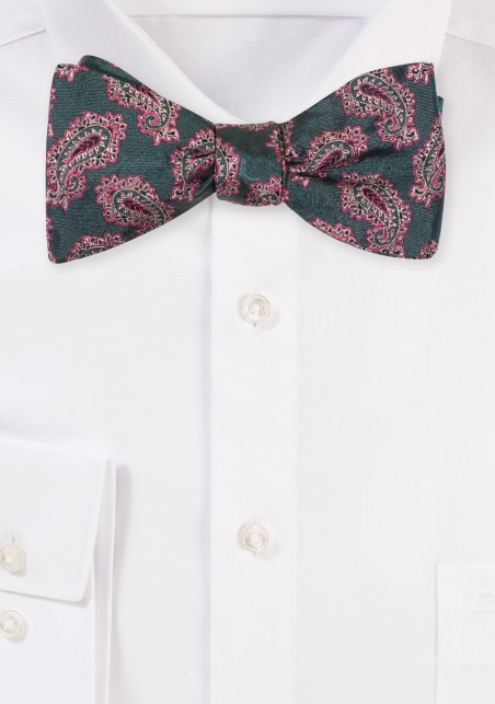Silk Bow Tie in Hunter and Gold | Paisley Silk Bow Tie in Hunter Green and Gold
