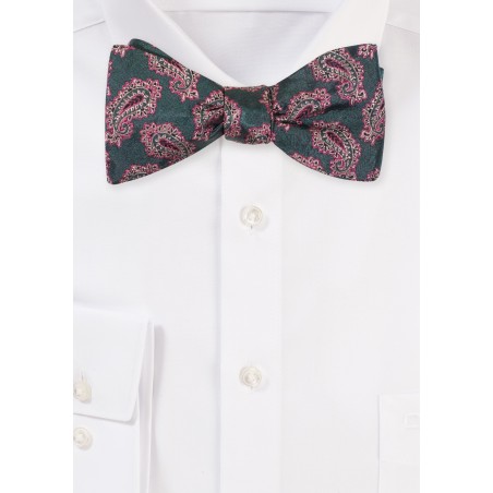 Silk Bow Tie in Hunter and Gold | Paisley Silk Bow Tie in Hunter Green and Gold
