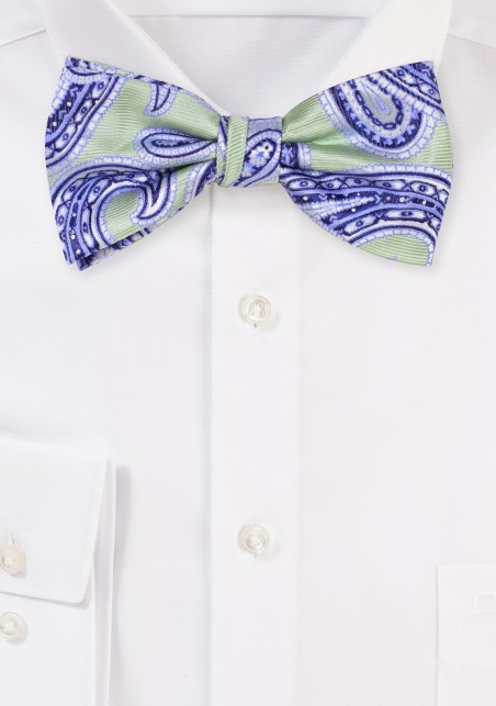 Soft Sage Bow Tie with Paisley Design in Blues