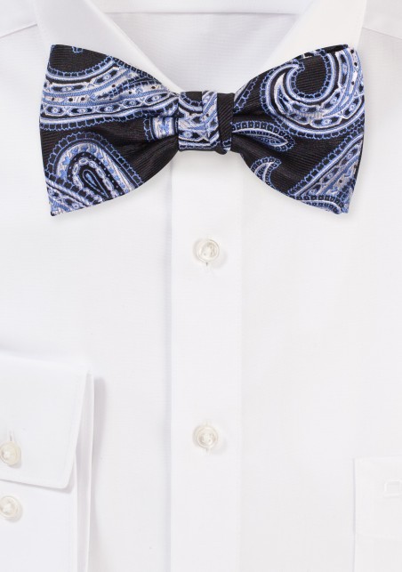 Black Bow Tie with Silver And Blue Paisley