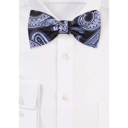Black Bow Tie with Silver And Blue Paisley